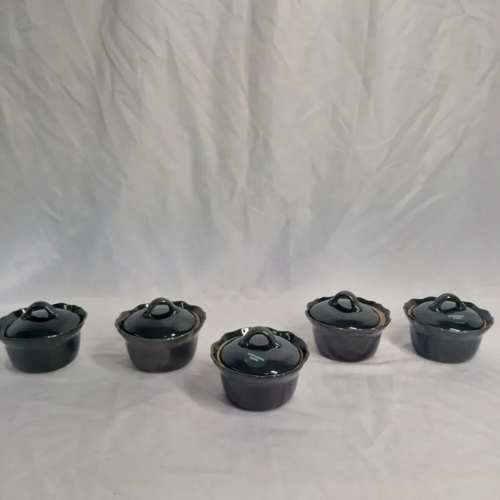 Hearth & Hand Magnolia Stoneware Ramekin Set 6.5oz Dark Green Round 3pc w/ Lids